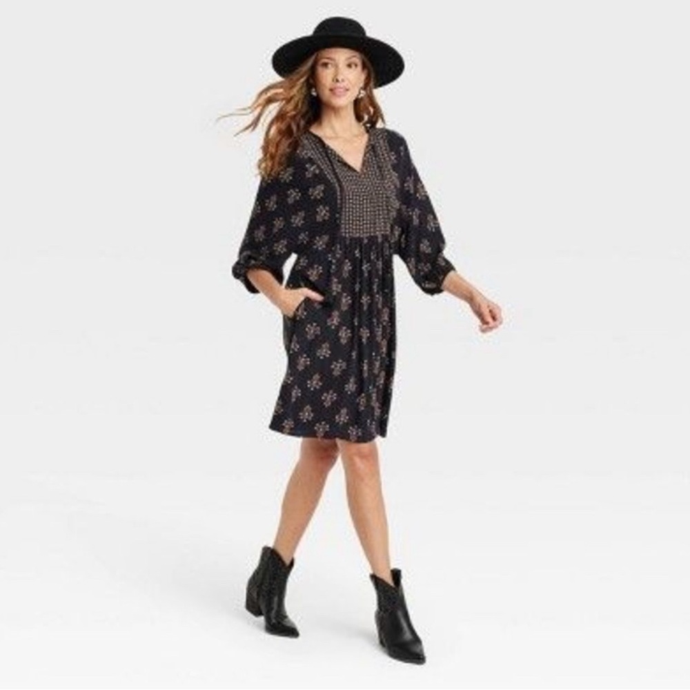 Knox Rose Women's Bishop 3/4 Sleeve A-Line Dress Black Size 1X